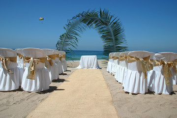 beach wedding with chairs, palm arch and ocean in