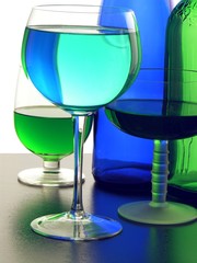 blue and green colours of glass and of fluids