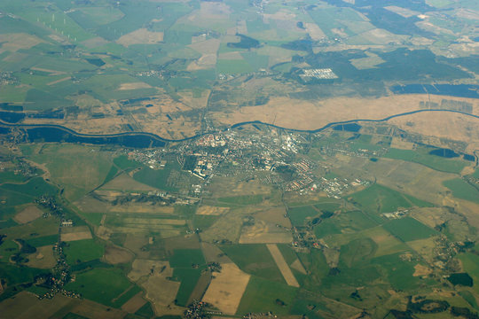aerial view - city, fields and river