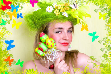 a card of spring girl with easter eggs in her hand
