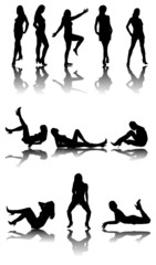 silhouette of eleven girls with reflection on a white background