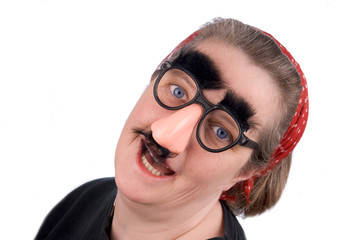 woman wearing fake nose and glasses