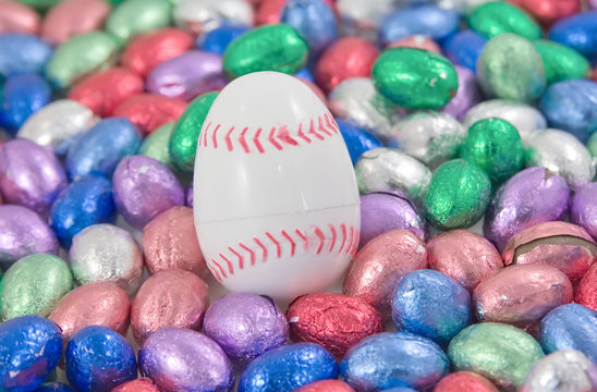 baseball egg amongst other easter eggs