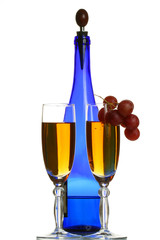 blue bottle of wine, glasses and grapes