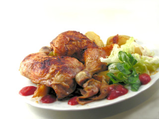 roasted chicken legs with vegetable,ketchup,salad
