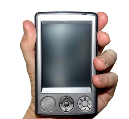 männerhand hält einen pda-organizer/computer, weiß