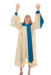 woman raising hands in praise