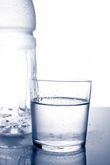 detail of bottle and glass of mineral water
