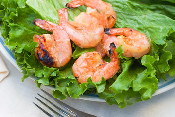 grilled shrimps on green salad