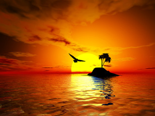 3D design of a deserted tropical island at a spectacular sunset and seagulls flying in the sky