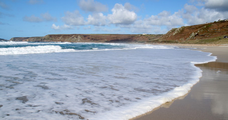 waves breaking on the beach, sennen cove, cornwall