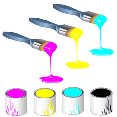 three color paintbrushes with paint cans