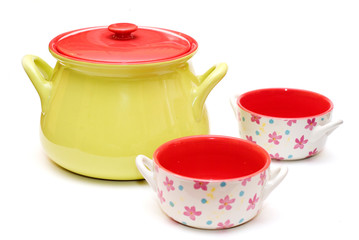 colourfull soup tureen and cups