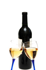 two wine glasses and bottle isolated on white