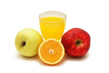 orange juice, orange and two apples isolated on wh