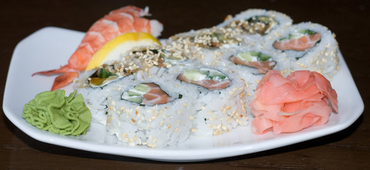 nigiri sushi, california rolls, shrimp rice plate