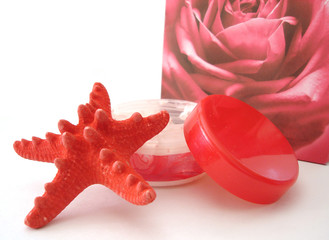 container of cosmetic moisturizing cream, seastar and bag over w