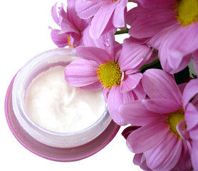 violet container of cosmetic moisturizing cream with flowers