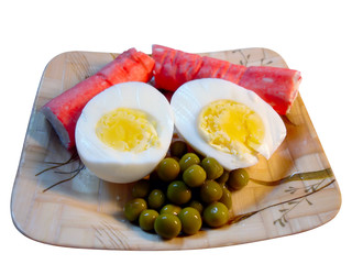 egg, crab sticks and green peas