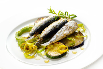 grilled sardines with zuccini and green onion