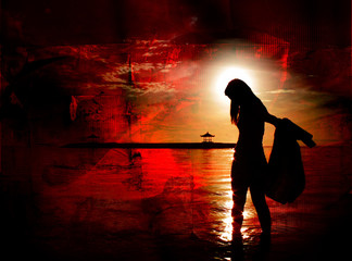 girl with the sun in her hair on red grunge