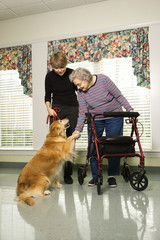 elderly woman petting dog with daughter