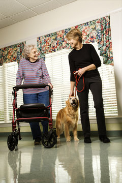 Wlderly Woman With Middle-aged Woman Walking Dog.