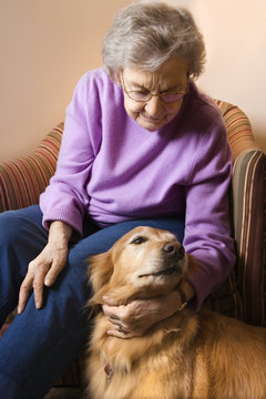 elderly caucasian woman petting dog.