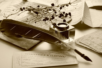 ancient letter and ink feath