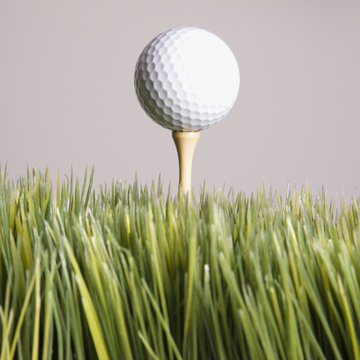 golf ball resting on tee in grass.