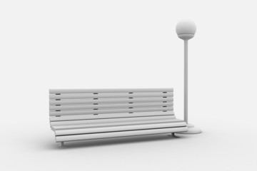 monochrome 3d render of a bench and a street light