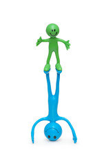 two smilies performing acrobatic exercises isolated on white