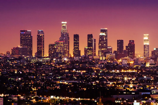 Downtown Los Angeles Skyline At Night, California