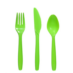 vibrant green  plastic  fork, knife and spoon