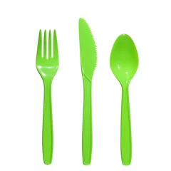 Poster vibrant green  plastic  fork, knife and spoon © kameel