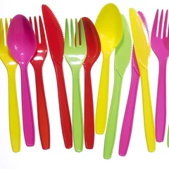 Rolgordijnen vibrant multicolored forks, kives and spoons © kameel
