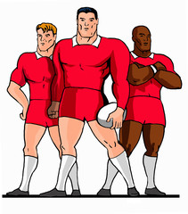 rugby 3 players red standing cartoon style