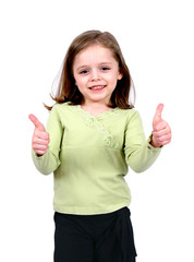 cute little girl holding two thumbs up
