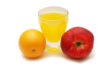 red apple, orange and juice isolated on white