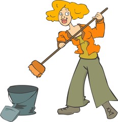 smiling woman cleaning with a broom