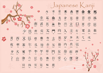 japanese kanji with meanings. - obrazy, fototapety, plakaty