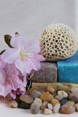 Fototapeta na wymiar koral na mydło z kamieni i kwiaty