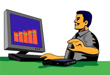businessman looking at pc white bg