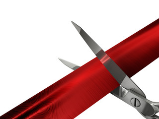 Scissors Cutting Red Ribbon. White Background. 3D illustration