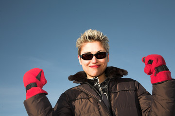 woman with red gloves