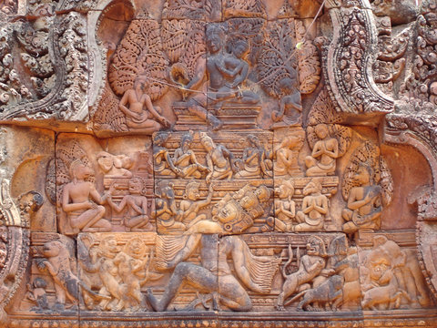 detail of khmer stone carving for the ramayana story legend,  pr