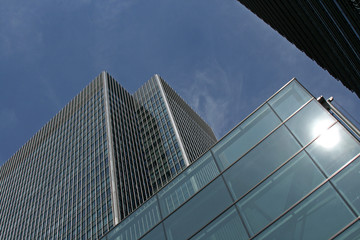 looking up at office buildings