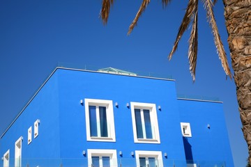 blue hotel with palm tree
