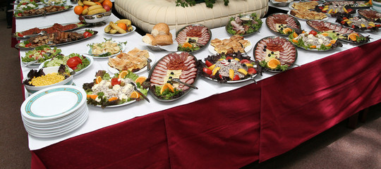 hotel table full of tasty food