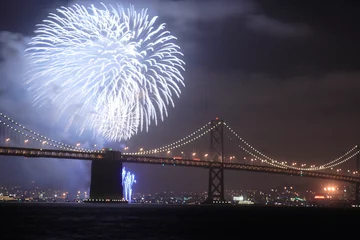 Fotobehang fireworks over bridge © Andre Maltais